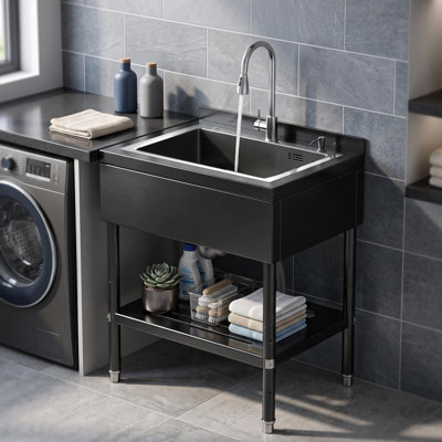 Évier utilitaire en acier inoxydable, 79 cm × 56 cm × 96 cm, bac à lessive autoportant pour cuisine, salle de bain, garage, sous-sol | Comprend la plomberie d'eau chaude/froide, les tuyaux et le nécessaire de vidange