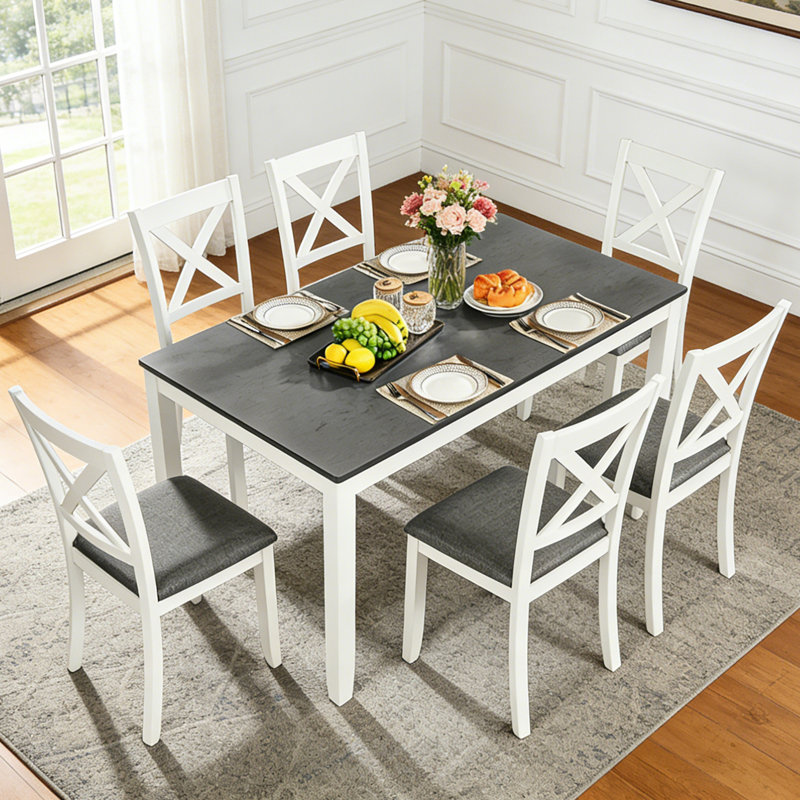 Ensemble de salle à manger en bois massif 7 pièces avec table et 6 chaises rembourrées à dossier en X, Blanc, Blanc / Gris