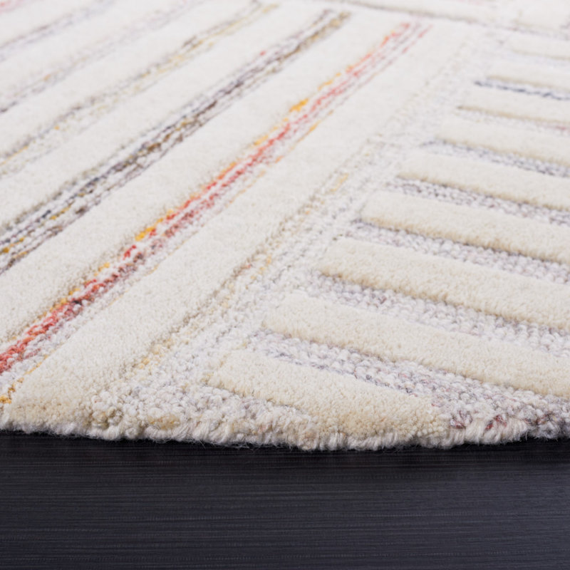 Yettem Striped Handmade Tufted Wool Area Rug in Ivory, Round 6'
