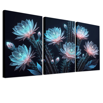 Art mural sur toile de cactus bleu et rose sur fond sombre