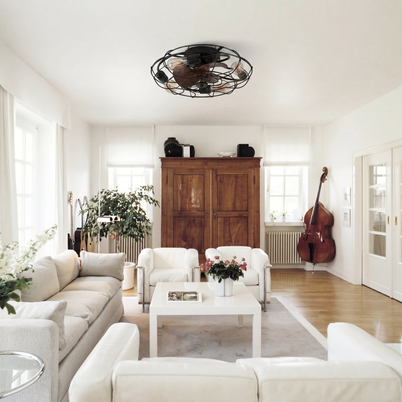20.4" Bloneva Farmhouse Caged Ceiling Fan with Light Kit and Remote Control Included, Black with Walnut Blades