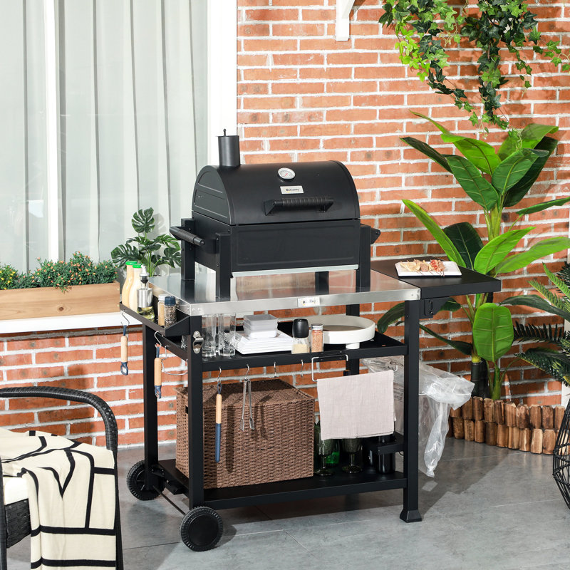 Chariot de travail pour barbecue extérieur, 117 cm x 55 cm, acier inoxydable, table d'appoint pliable, chariot noir avec tablette, poste de préparation.