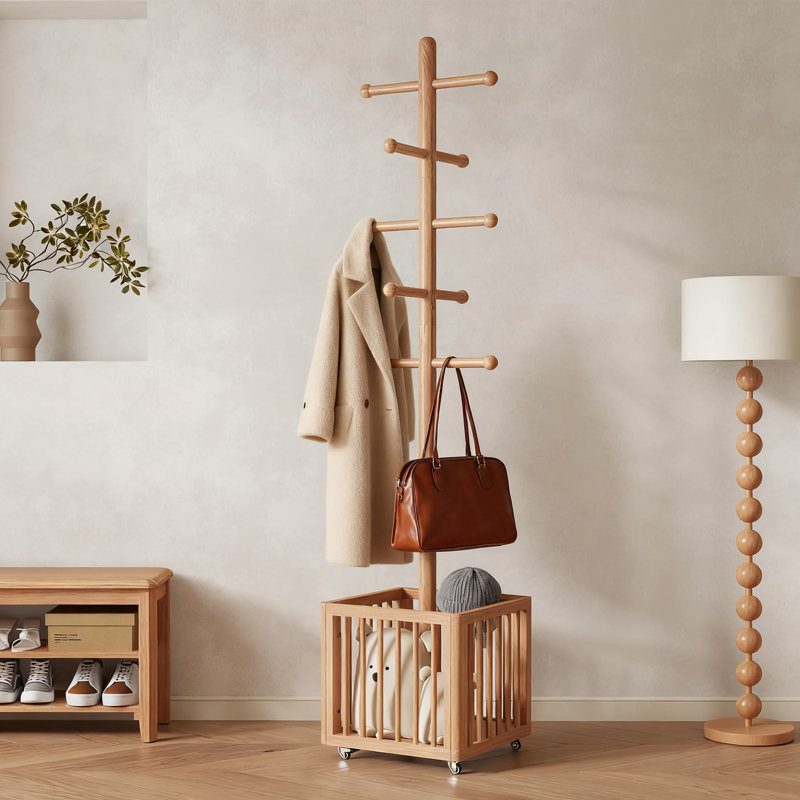 Freestanding Coat Rack With 10 Hooks And Built-In Laundry Hamper, Heavy-Duty Standing Coat Tree For Entryway, Living Room, And Bedroom Organization