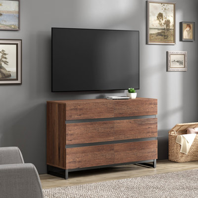 Meuble télé moderne pour téléviseur de 50 po ou moins, centre de divertissement avec 6 tiroirs et base en métal, console multimédia pour le salon et la chambre à coucher
