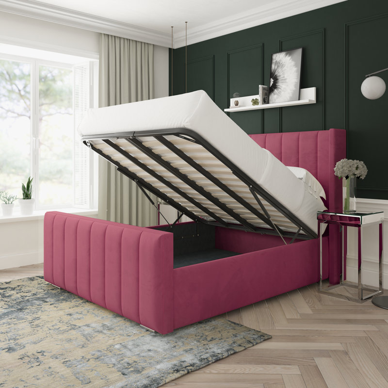 Aspen Plush Velvet Upholstered Ottoman Bed Frame, Maroon, Kingsize (5')