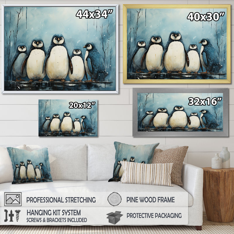 «Minimalims Penguins Parade», reproduction sur toile, Cadre flottant noir, H 34 po x l 44 po x P 1,5 po