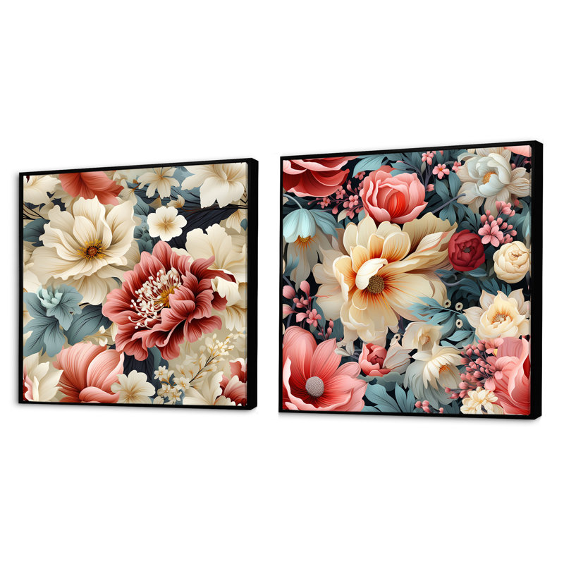 Faustine - Ensemble de 2 collages carrés floraux, Cadre flottant noir, H 36 po x l 73 po