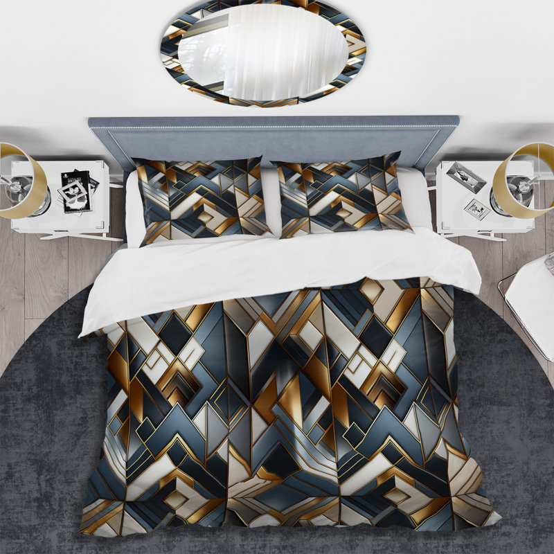 Natural Tones Grey And Beige Mosaic Geometric Shapes Duvet Cover, King Duvet Cover + 2 King Shams, Geometric Shapes 4