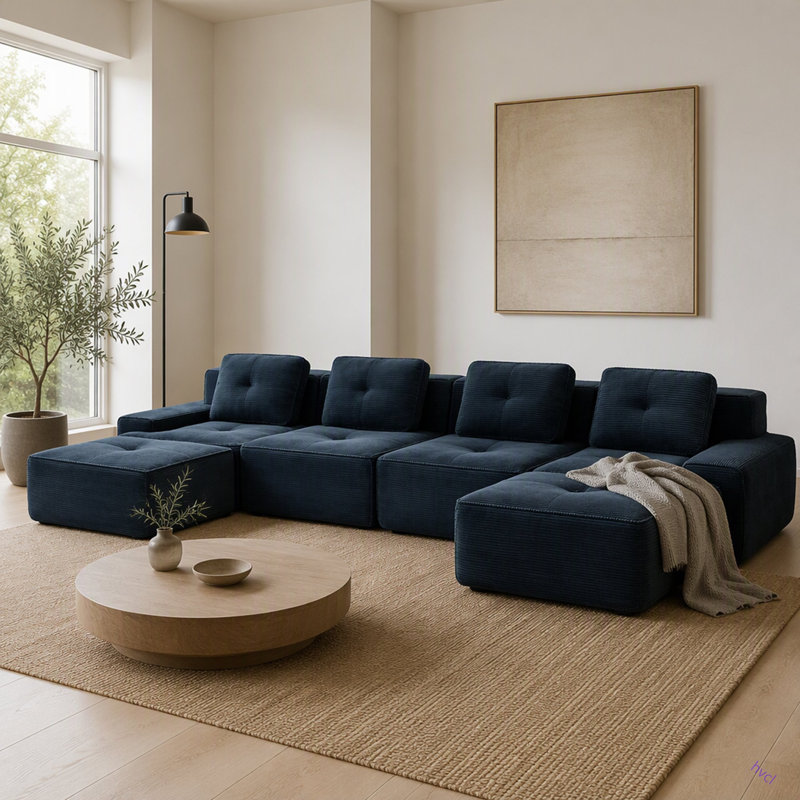 153" Modern U-Shaped Modular Sectional Sofa For Living Room, Corduroy Fabric,4-Seater Couch With Deep Seat And 2-Movable Ottoman,Pearl-Like Piping, Tufted Design, No Assembly, Anti-Slip Design​