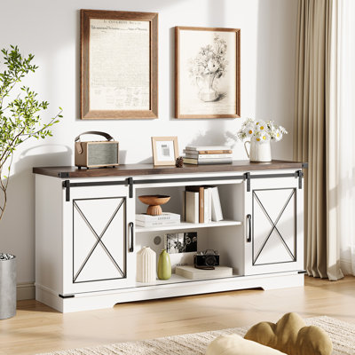Meuble télé et meuble télé Farmhouse pour téléviseur de 65 po ou moins avec portes de grange coulissantes, console de télévision avec armoire de rangement pour le salon
