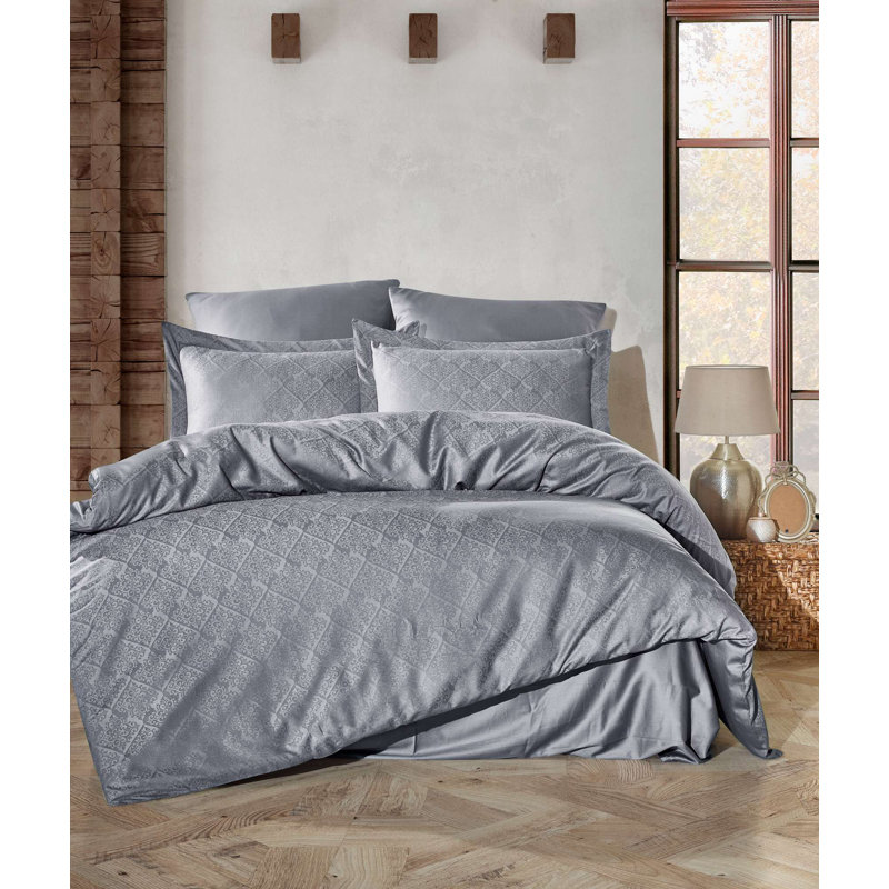 100% Cotton Satin Double Quilt Cover Set, Dark Grey | Jacquard Design | Duvet Cover: 78.7 x 86.6 inches, Flat Sheet: 94.5 x 102.4 inches, Pillowcases: 19.7 x 27.6 inches (2 Pieces) & 27.6 x 27.6 inches (2 Pieces) | Luxurious Comfort & Style