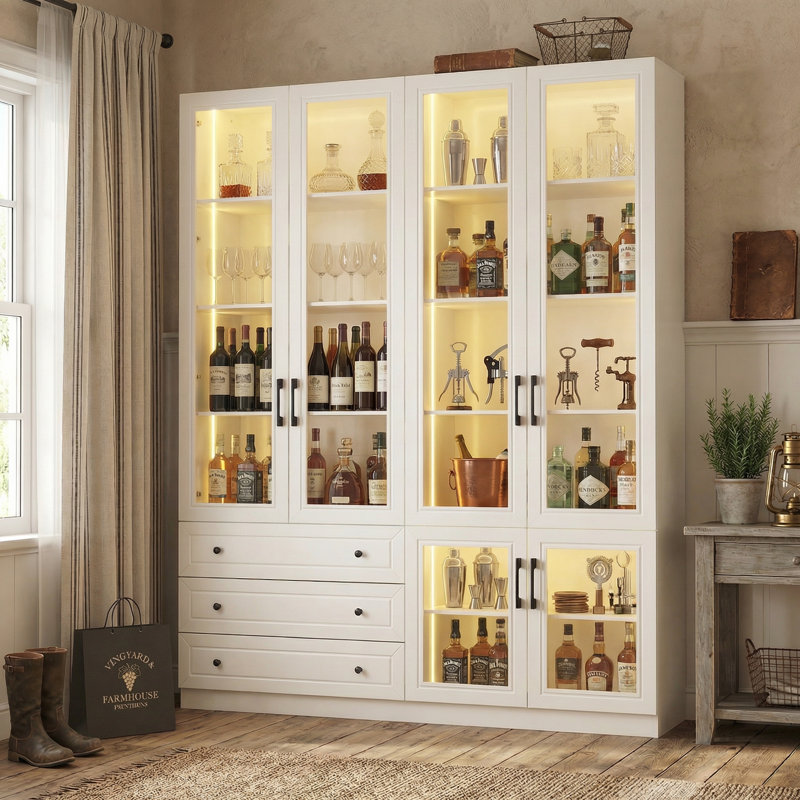 3 Drawers White Wine Bar Cabinet With Glass Doors & 7-Color Lights