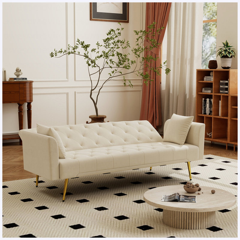 Canapé-lit convertible pliable de 72 pouces de style rétro américain capitonné, revêtu de velours beige, pour les petits salons, les chambres et les bureaux