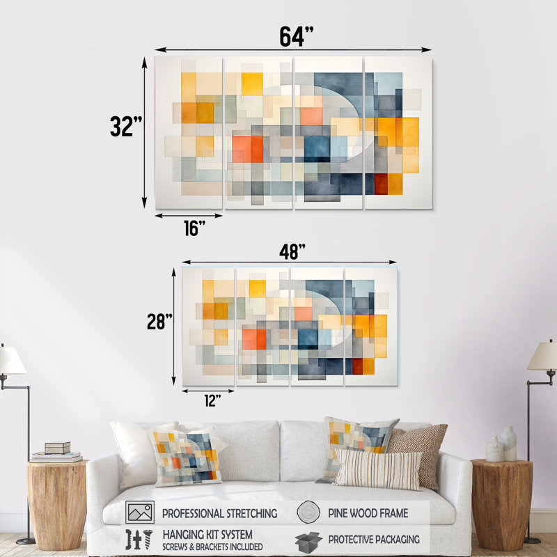 Multicolor Cubes Patterns IV - Abstract Geometric 4 Piece Wall Art Decor, 28" H x 48" W