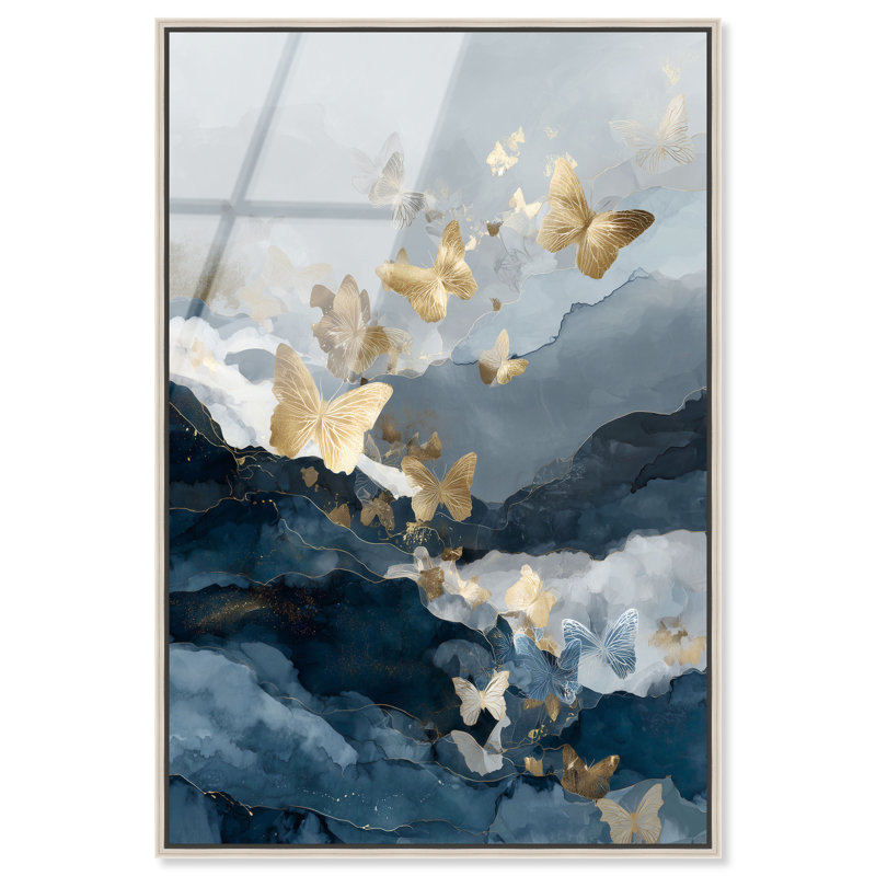 «Gold Butterfly Flight I», reproduction d'art sur toile encadrée par Art Remedy, cadre noir, 30 x 45, H 46 po x l 31 po