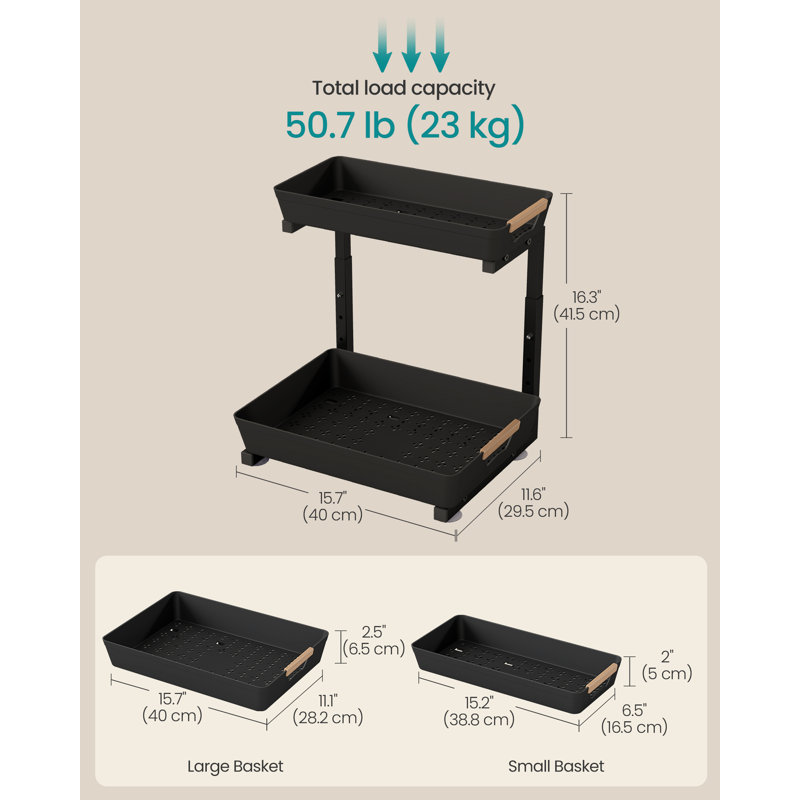 2-Tier Under Sink Organiser, Set of 2, L-Shaped Pull Out Storage with Adjustable Height, 40 x 29.5 x 41.5 cm, Ink Black