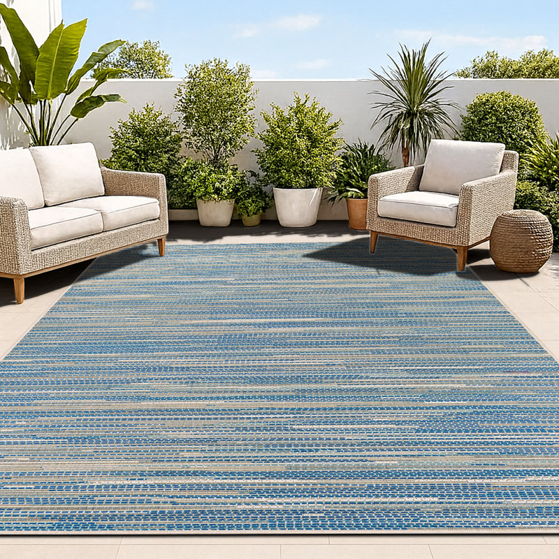 Victorine Striped Sand Azure Turquoise Indoor Outdoor Area Rug, Rectangle 3'9" x 5'5"