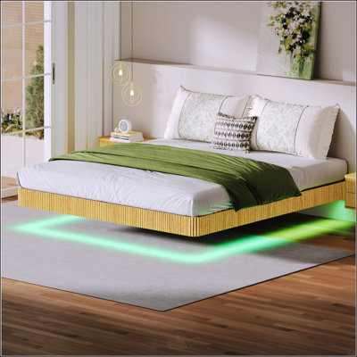 Oak King Floating Bed Frame With LED Lights