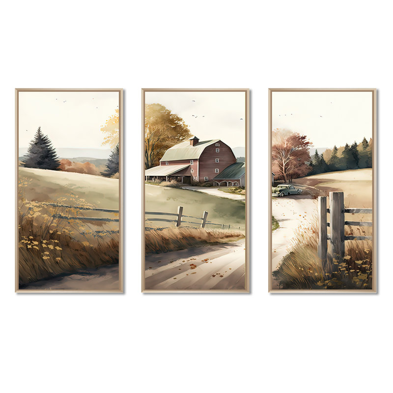 Chemin vers la grange IV - ensemble d'art mural sur toile, Cadre naturel flottant, H 32 po x l 48 po x P 1 po