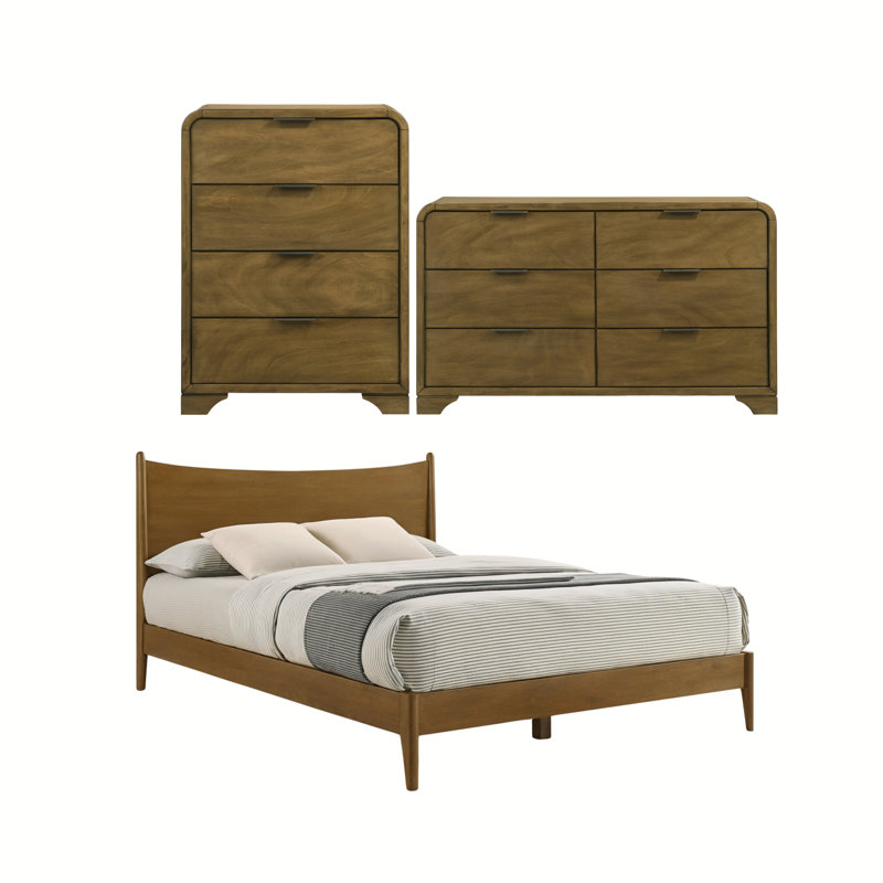 Springfield Modern Craft Solid Wood 3 Pieces Bedroom Set, Brown, 3 Pcs: Bed, Chest, Dresser
