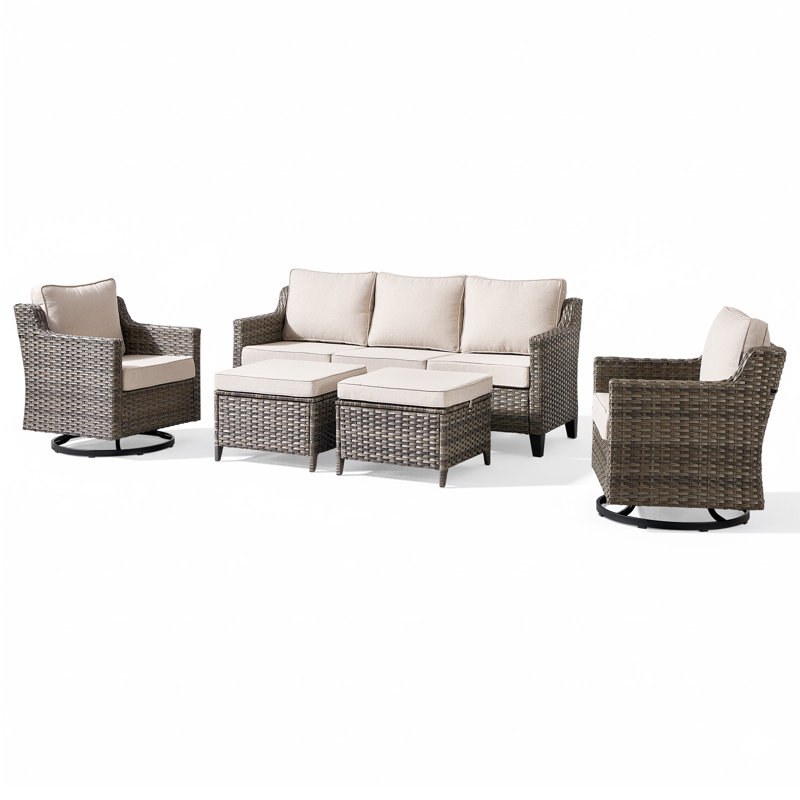 5 Pieces Patio Furniture Set, Outdoor Wicker Sofa Couch with Rocking Swivel Chairs Comfy Cushions, Modern Deep Seat Rattan Conversation Sets for Deck Porch,Beige
