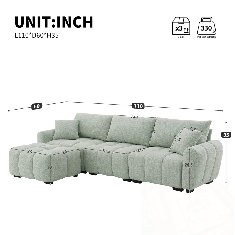 Canapé modulaire en L avec repose-pieds mobile, Vert clair