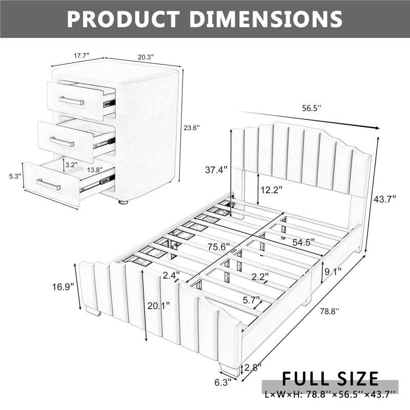 Base de lit luxueuse, élégante et confortable avec 2 tables de chevet, Beige, Double