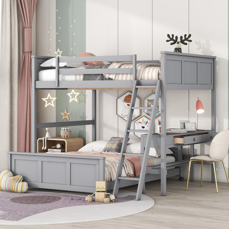 Lit superposé avec bureau, Gris, Lit superposé double sur double