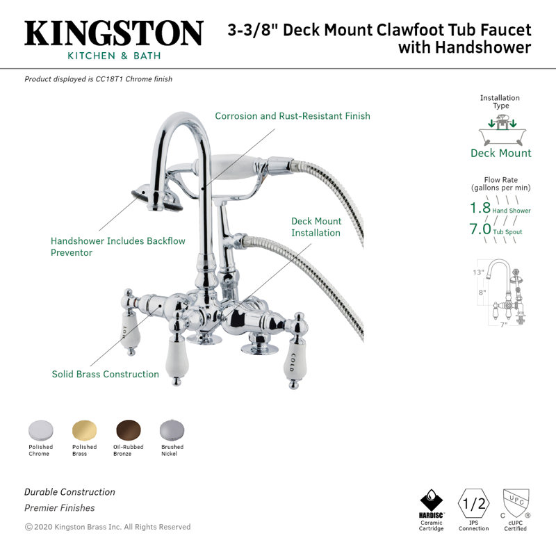 Kingston Brass Vintage Three-Handle 2-Hole Deck Mount Clawfoot Tub Faucet with Hand Shower, Oil Rubbed Bronze
