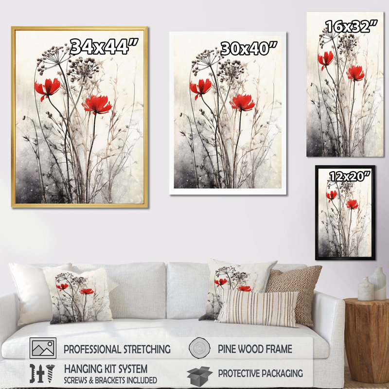 Décoration murale florale rouge et grise I, Sans cadre, H 40 po x l 30 po x P 1 po, Toile tendue