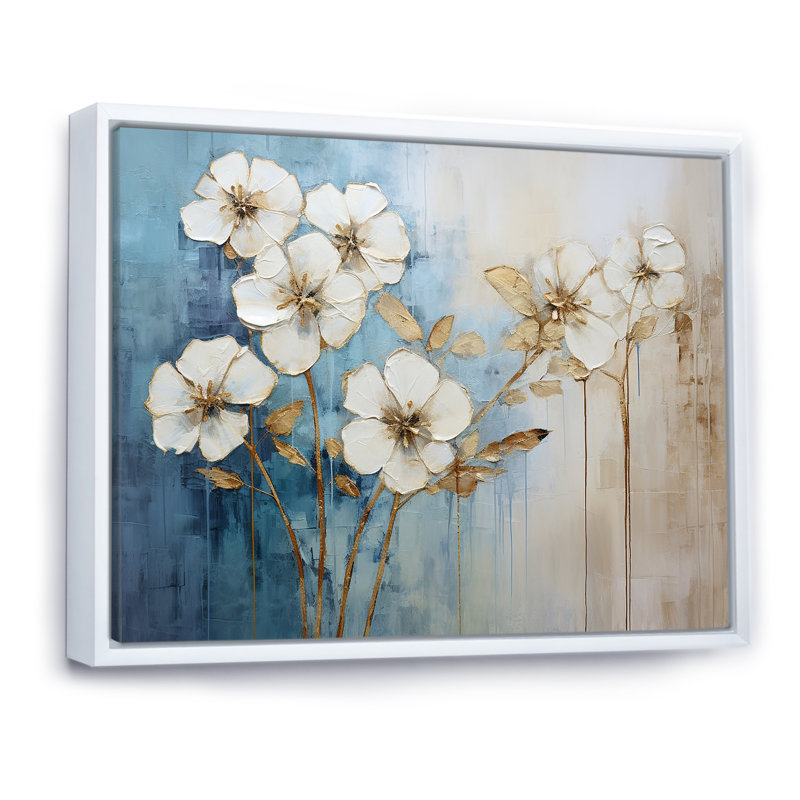 Geraniums bleus dorés, Cadre flottant blanc, 16" H x 32" W
