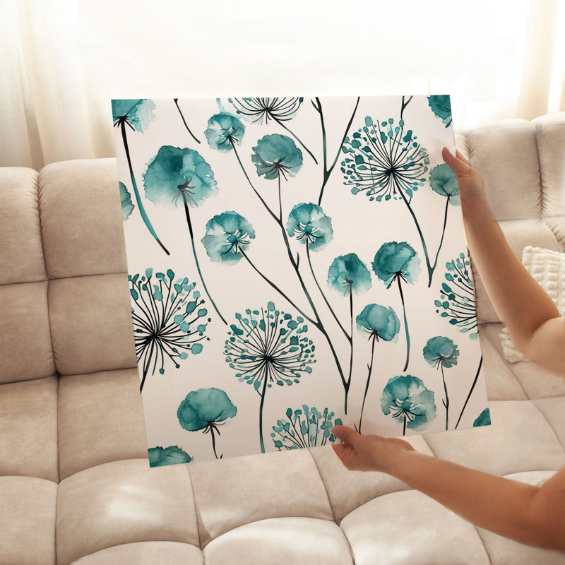 «Botanical Turquoise Teal Dandelions IV», reproduction d'art moderne sans cadre, H 24 po x l 24 po