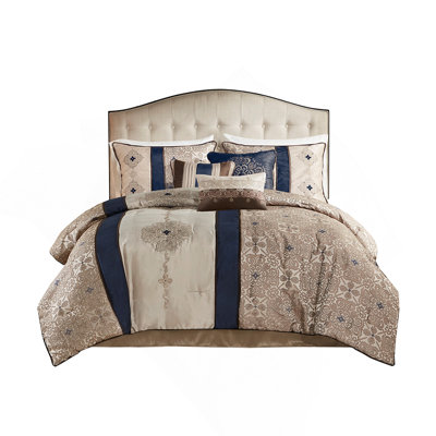 Luxurious King 7 Piece Jacquard Comforter Set With Elegant Embroidery And Matching Throw Pillows, For A Stylish And Cozy Bedroom