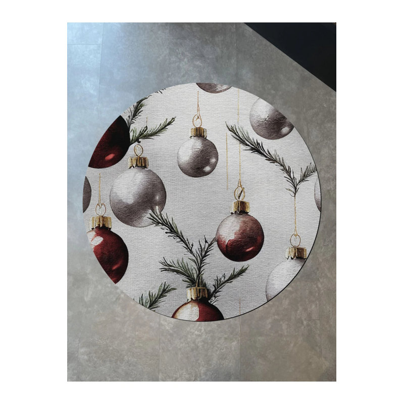 Beige New Year Themed Red Ornament And Tree Patterned Modern Woven Base Round Decorative Carpet, Round 4'