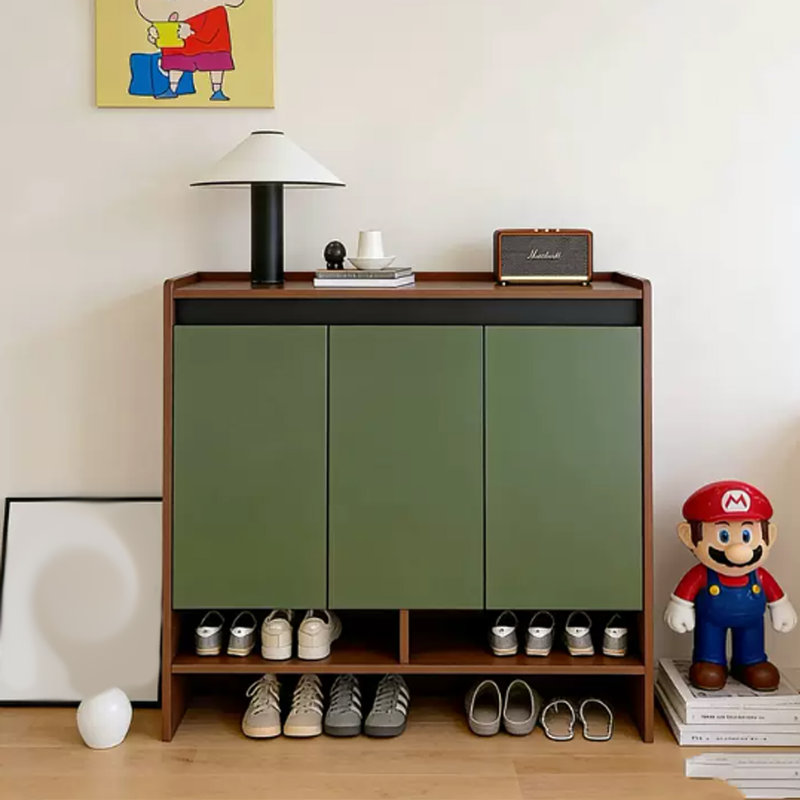 Armoire à chaussures 47,24 po Mid-Century brun-vert 3 portes - Rangement multicouche avec portes à l'épreuve de la poussière