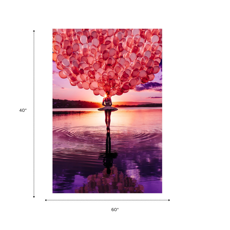Modern Ballerina And Balloons Tempered Glass Wall Art, Sunset Scene, 40" X 60"