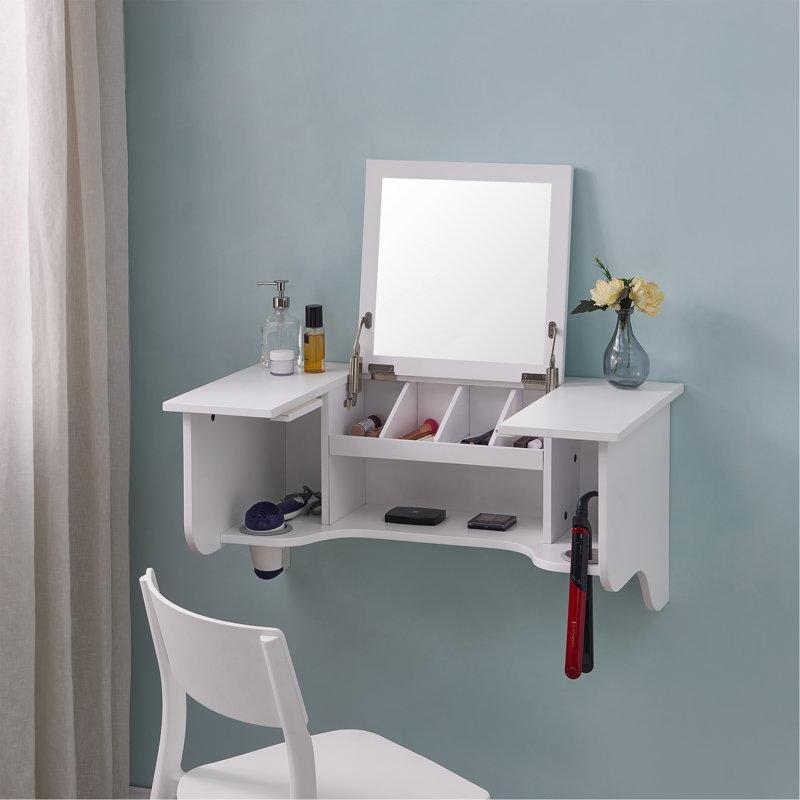 Wall Mount Ledge W/ Vanity Mirror - Transitional Style - White