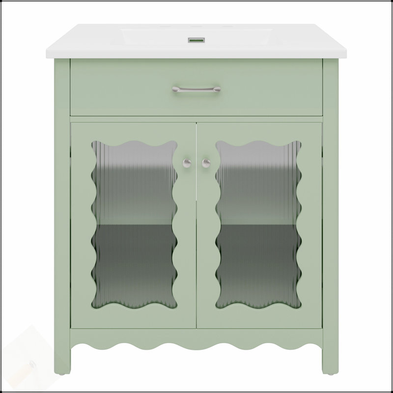 Meuble-lavabo moderne de 30 pouces avec verre trempé, portes à fermeture douce et pieds en bois d'hévéa pour un rangement élégant