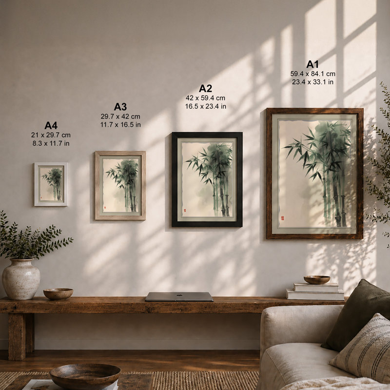 Bamboo in Ink Japandi - Framed Print, A2 - 59.4 x 42.0 cm, Black