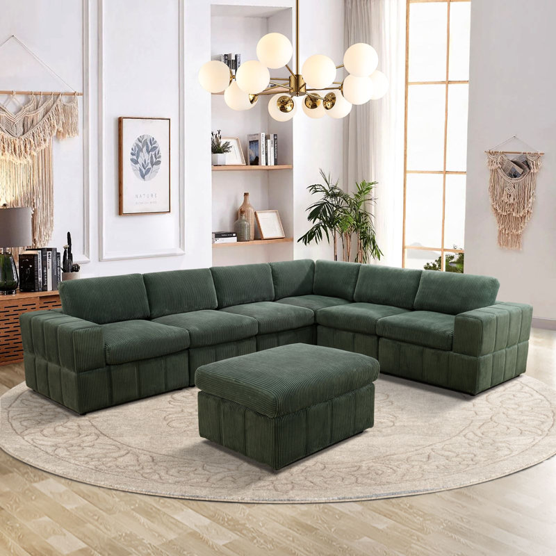 Canapé modulaire rembourré 7 pièces Otbert, Velours côtelé vert