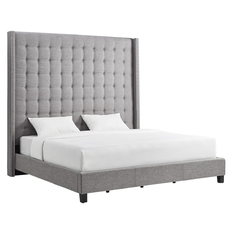 Kaster Upholstered Wingback Bed, Pewter Grey Linen, Eastern King