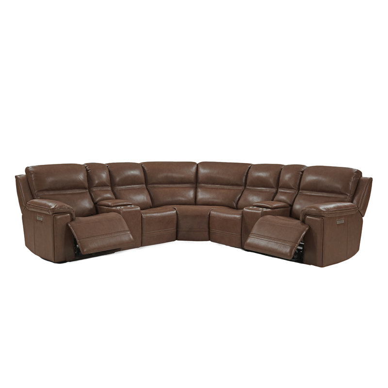 Canapé modulaire inclinable en cuir véritable 7 pièces avec gravité zéro et console, Marron clair