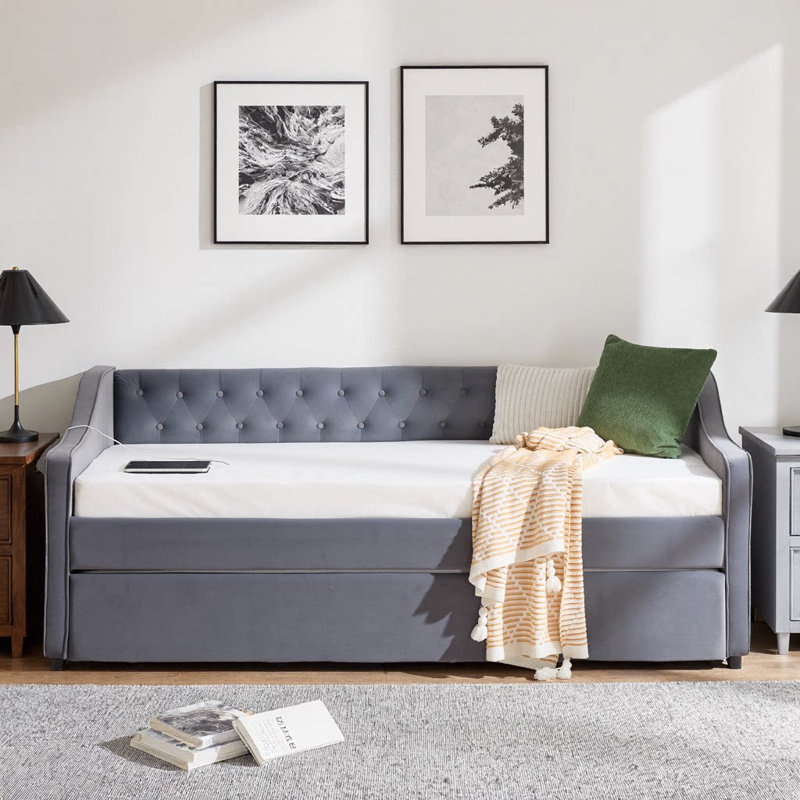 Velvet Daybed with Trundle, USB Port & Side Pockets | Button Tufted Back, Waved Arms with Piping | Space‑Saving Sofa Bed for Bedroom, Guest Room, or Living Room