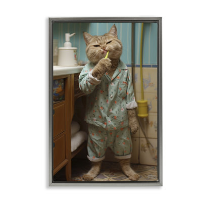 Cat Brushing Teeth Framed Floater Canvas by Roozbeh Bahramali