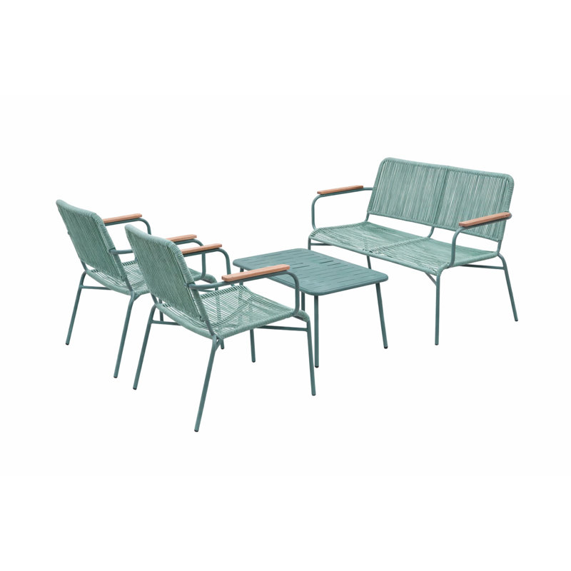Ensemble de conversation pour patio 4 pièces tissé avec corde - banc de canapé, 2 fauteuils et table basse - structure en métal moderne avec accoudoirs en bois - ensemble de sièges intérieur / extérieur