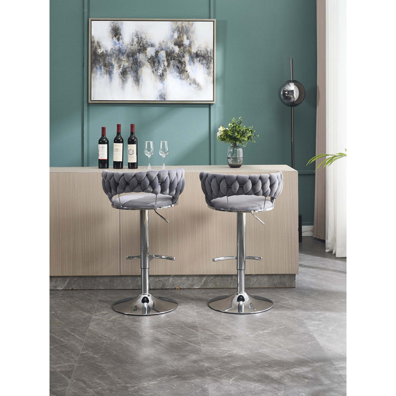 Ensemble de 2 tabourets de bar, avec repose-pieds et base pivotante en velours à hauteur réglable et tabouret de bar simple chromé