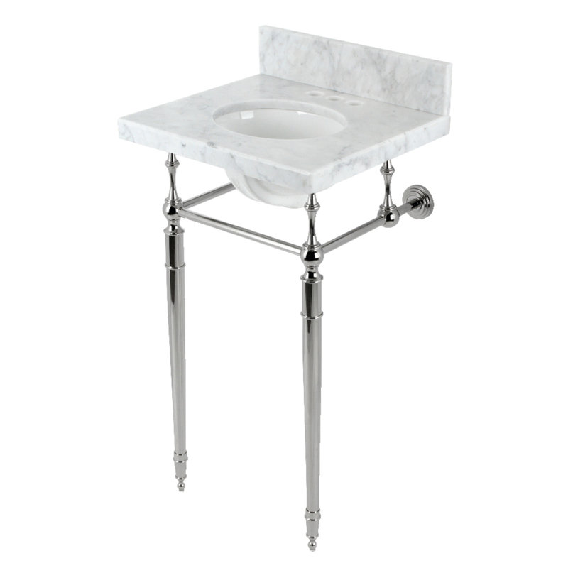 Kingston Brass Edwardian 19-Inch Carrara Marble Console Sink with Brass Legs (8-Inch, 3-Hole), Marble White/Polished Nickel