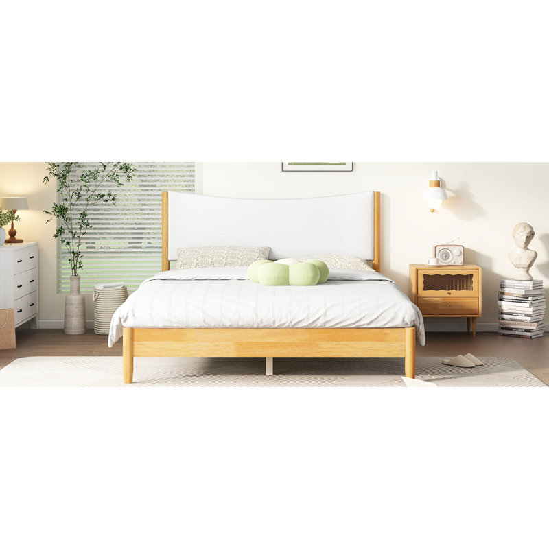 Grand lit en bois massif, tête de lit tapissier Boucle, blanc hêtre, rembourrage en mousse confortable