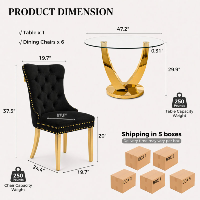 47.2" Modern Round Glass Dining Table Set for 6, Metal Pedestal Dining Table with Velvet Upholstered Chairs, Gold/Black