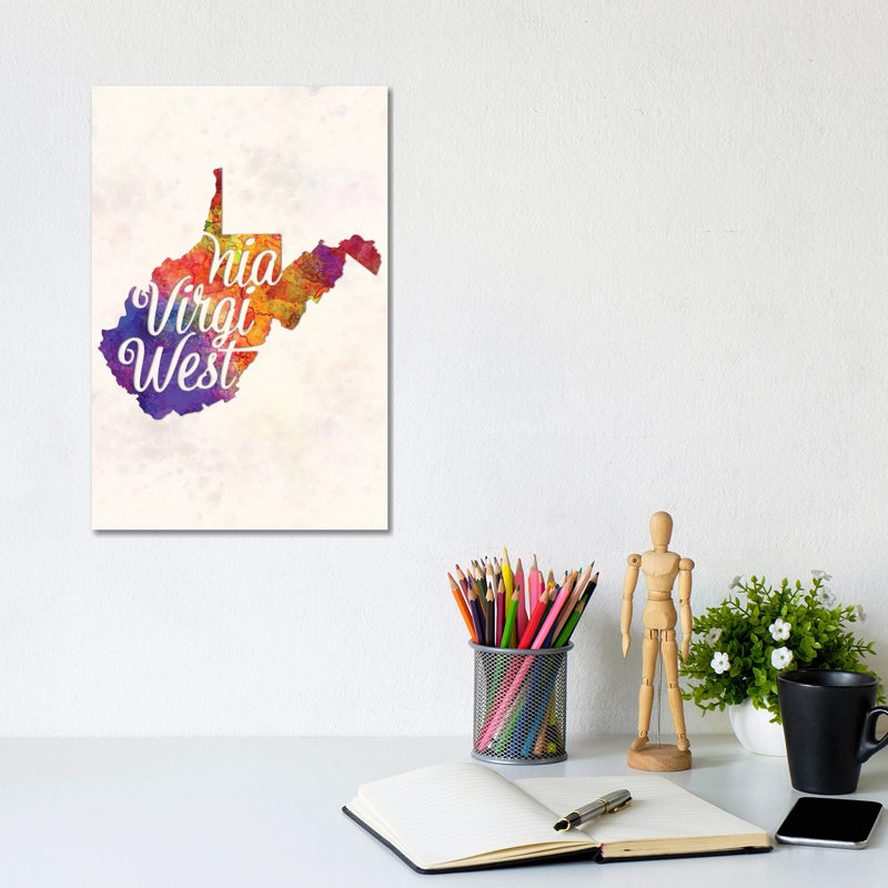 West Virginia US State In Watercolour Text Cut Out by Paul Rommer - Wrapped Canvas Painting, 30.48cm H x 20.32cm W x 1.91cm D